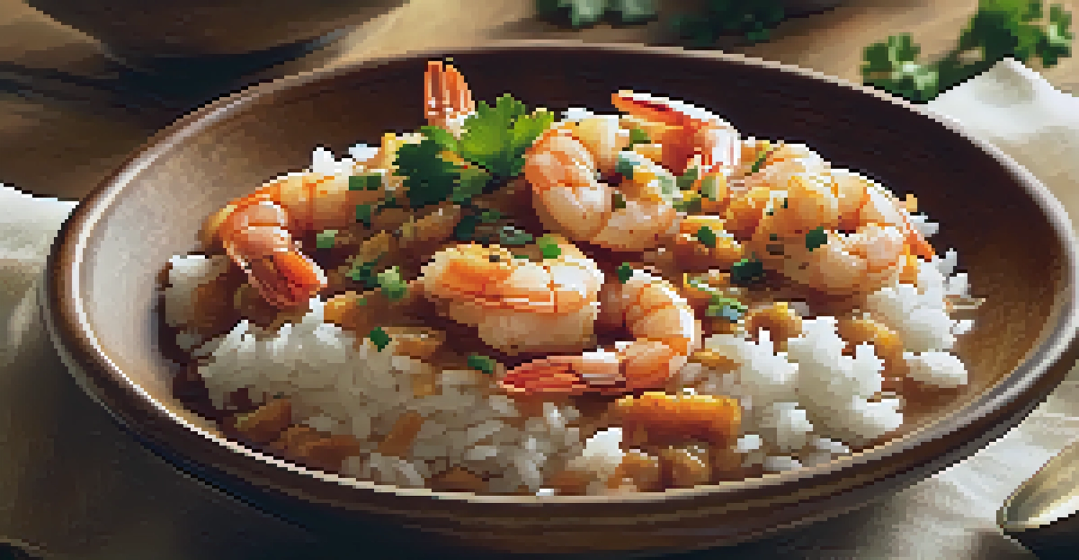A close-up of shrimp étouffée in a bowl, garnished with parsley and served with bread on a wooden table.
