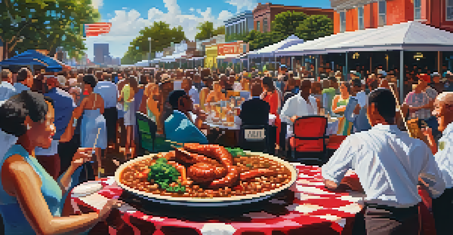 A plate of gumbo and jambalaya at a jazz festival with a live band performing in the background, highlighting New Orleans' culinary and musical culture.