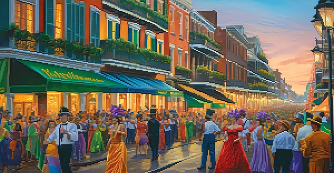 A lively Mardi Gras parade in New Orleans with colorful floats and elaborate costumes, set against the backdrop of historic French Quarter buildings during sunset.