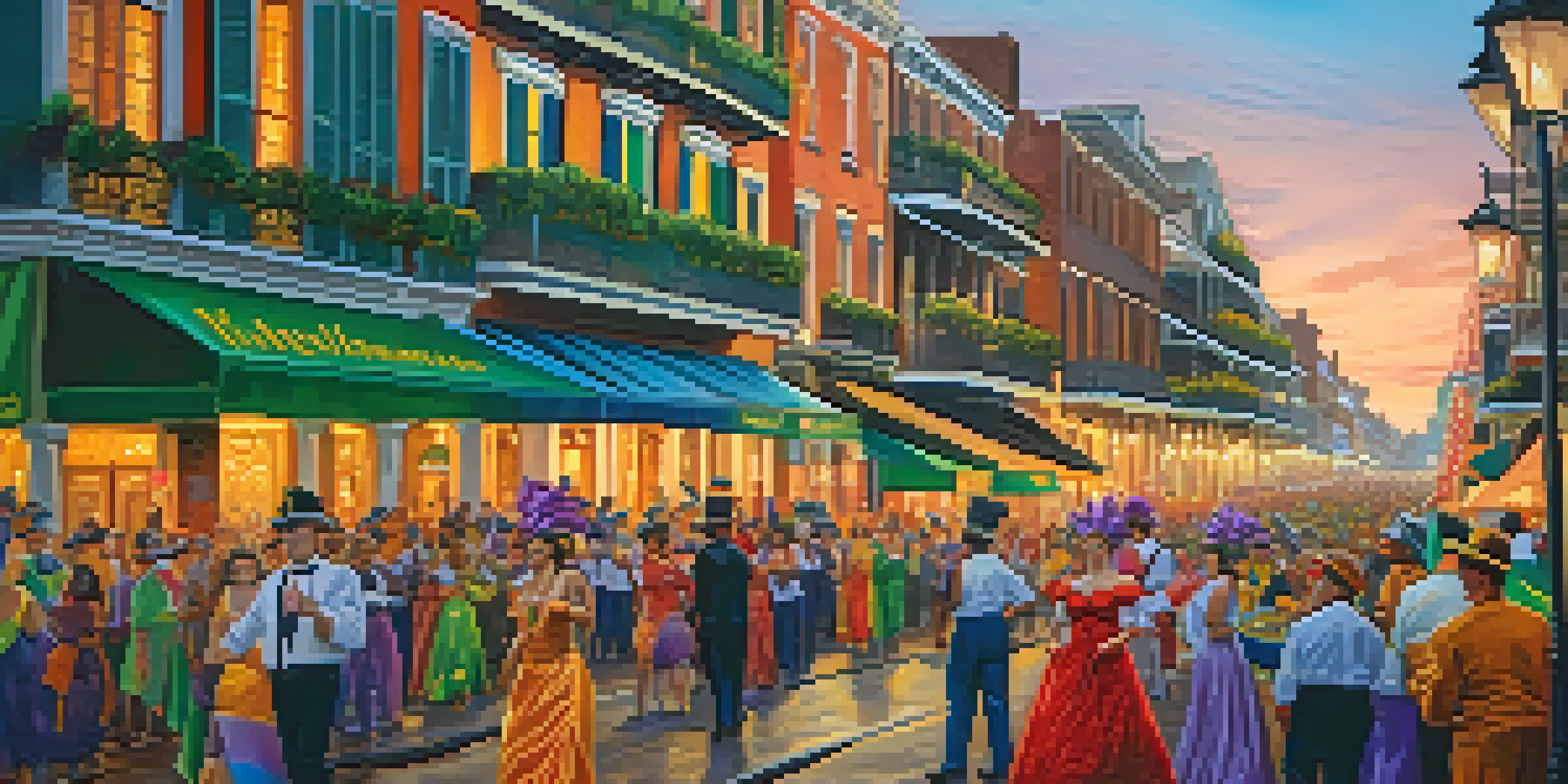 A lively Mardi Gras parade in New Orleans with colorful floats and elaborate costumes, set against the backdrop of historic French Quarter buildings during sunset.