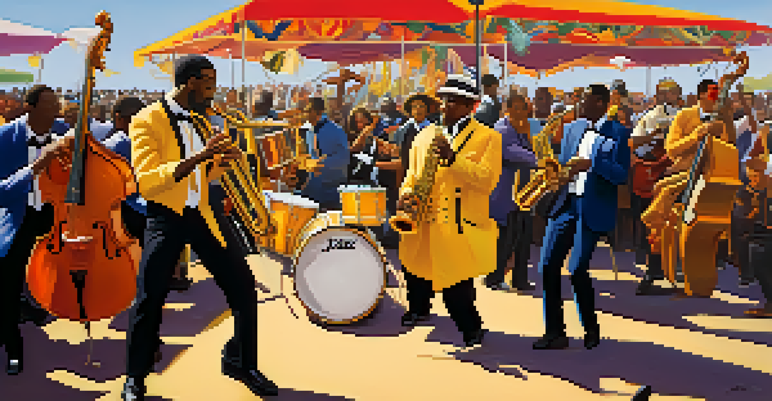 A jazz band performing at the New Orleans Jazz Fest, with musicians in action and an enthusiastic crowd enjoying the music.