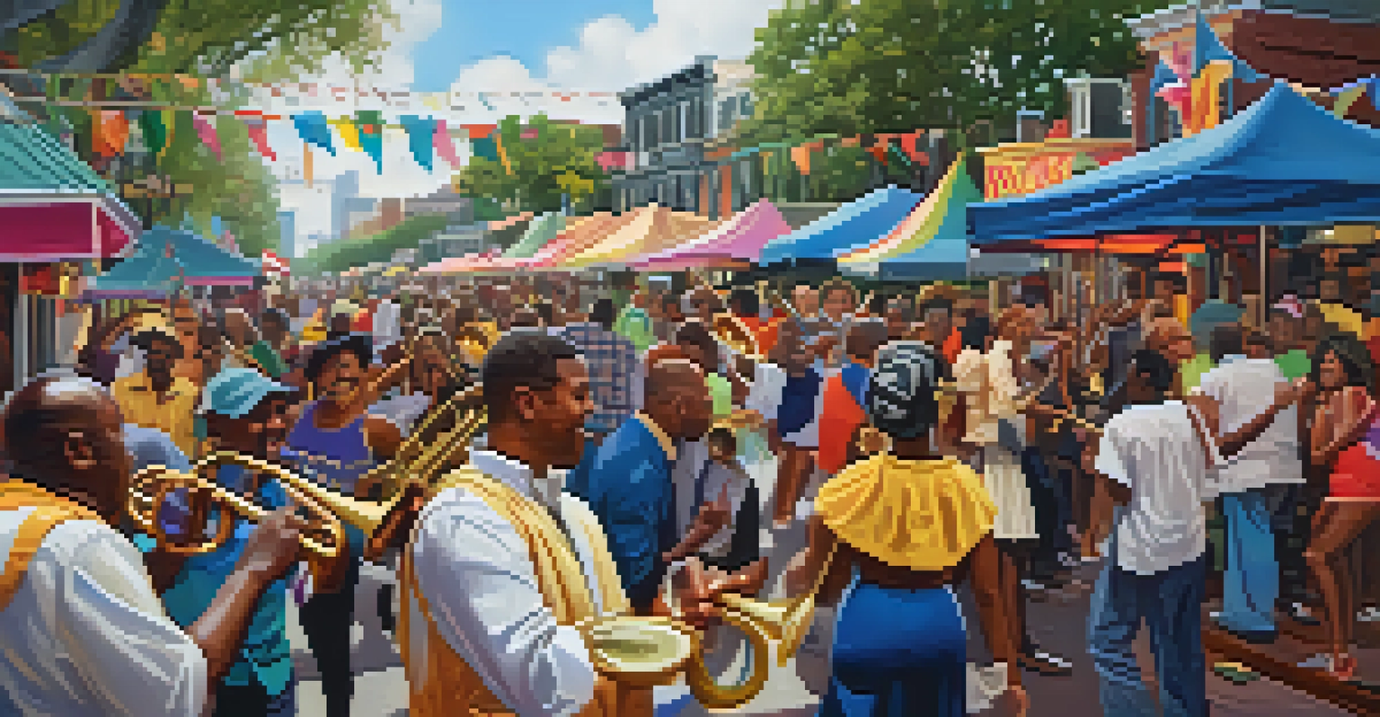A vibrant neighborhood gathering during Carnival with musicians playing brass instruments and people dancing in a festive atmosphere.