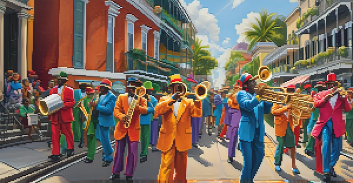 A lively jazz parade in New Orleans with musicians in colorful costumes playing brass instruments against a backdrop of historic buildings.