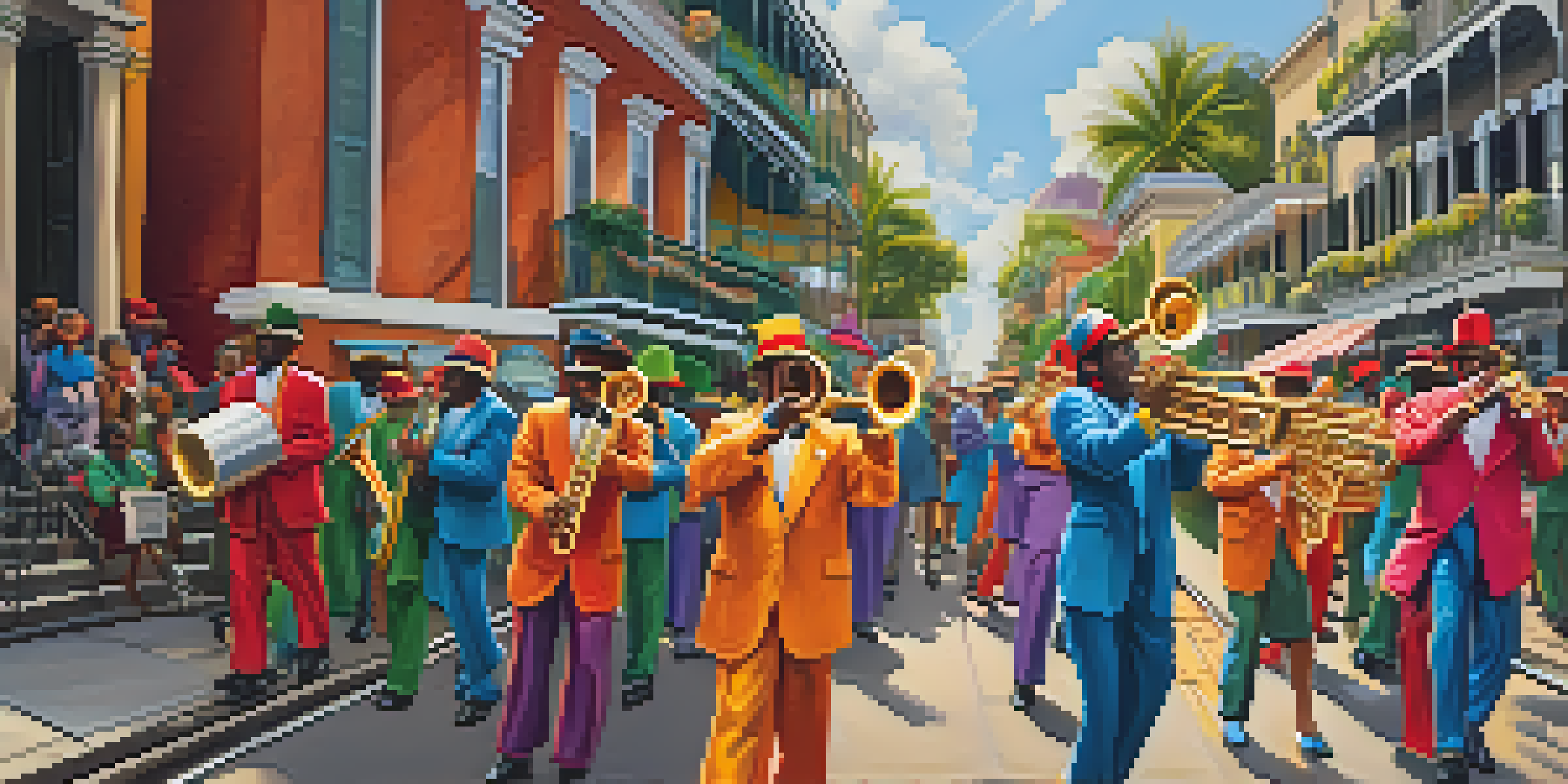 A lively jazz parade in New Orleans with musicians in colorful costumes playing brass instruments against a backdrop of historic buildings.