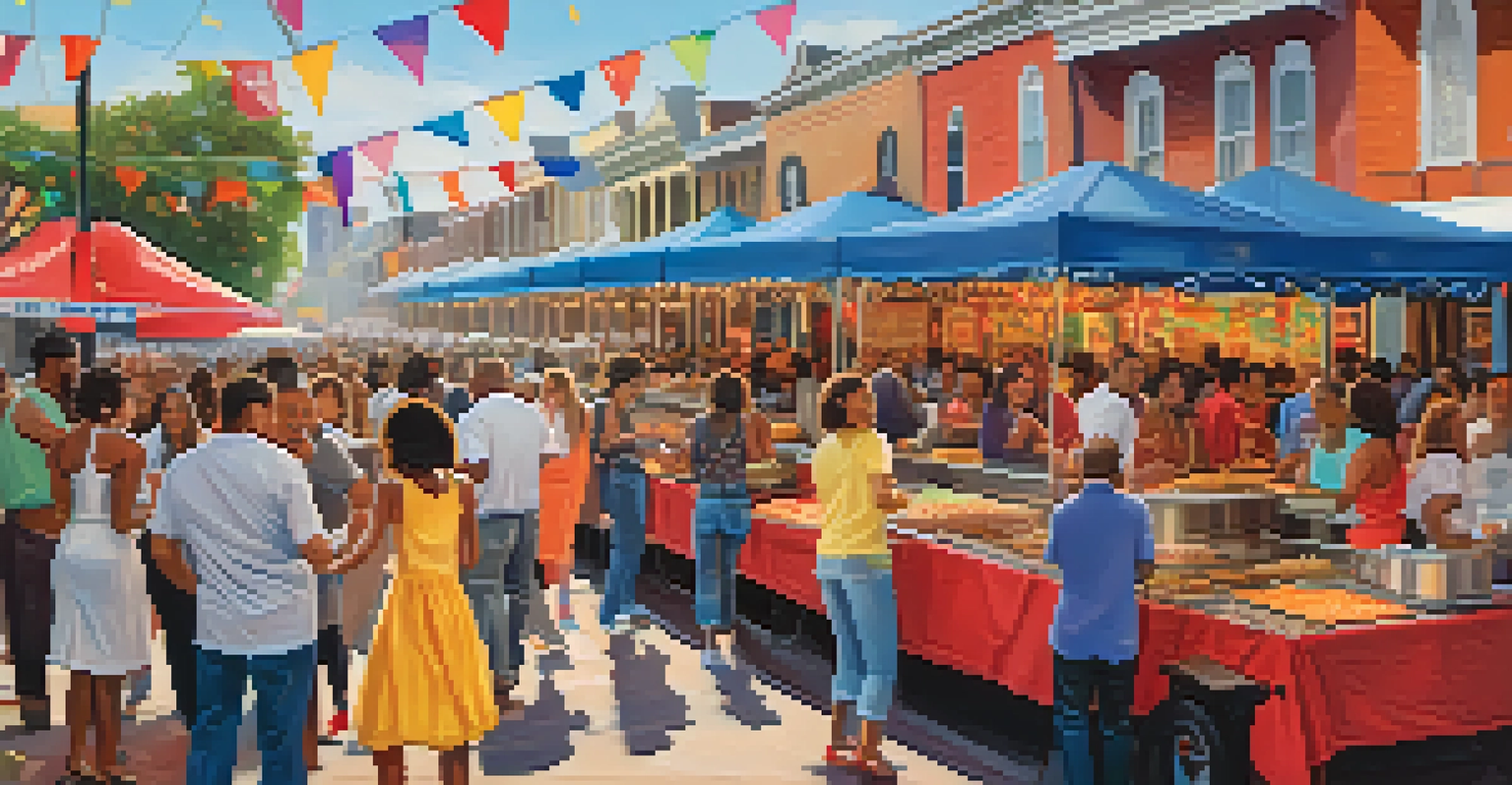 A vibrant food festival in New Orleans with stalls, people enjoying food, and live music.