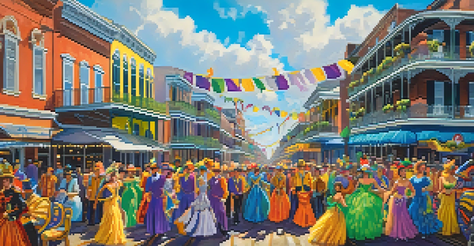 A lively Mardi Gras parade with colorful floats and spectators in costumes against a blue sky.