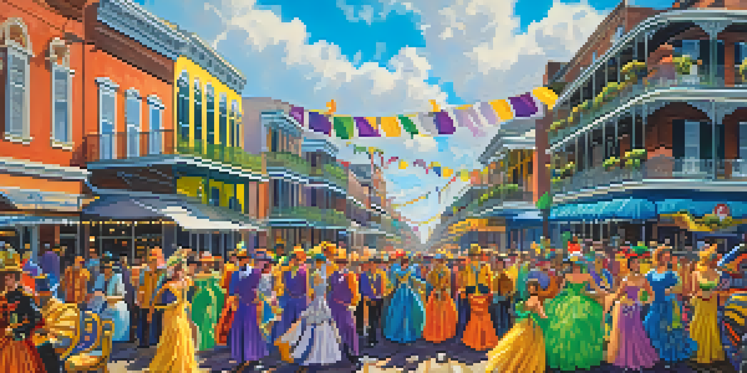 A lively Mardi Gras parade with colorful floats and spectators in costumes against a blue sky.