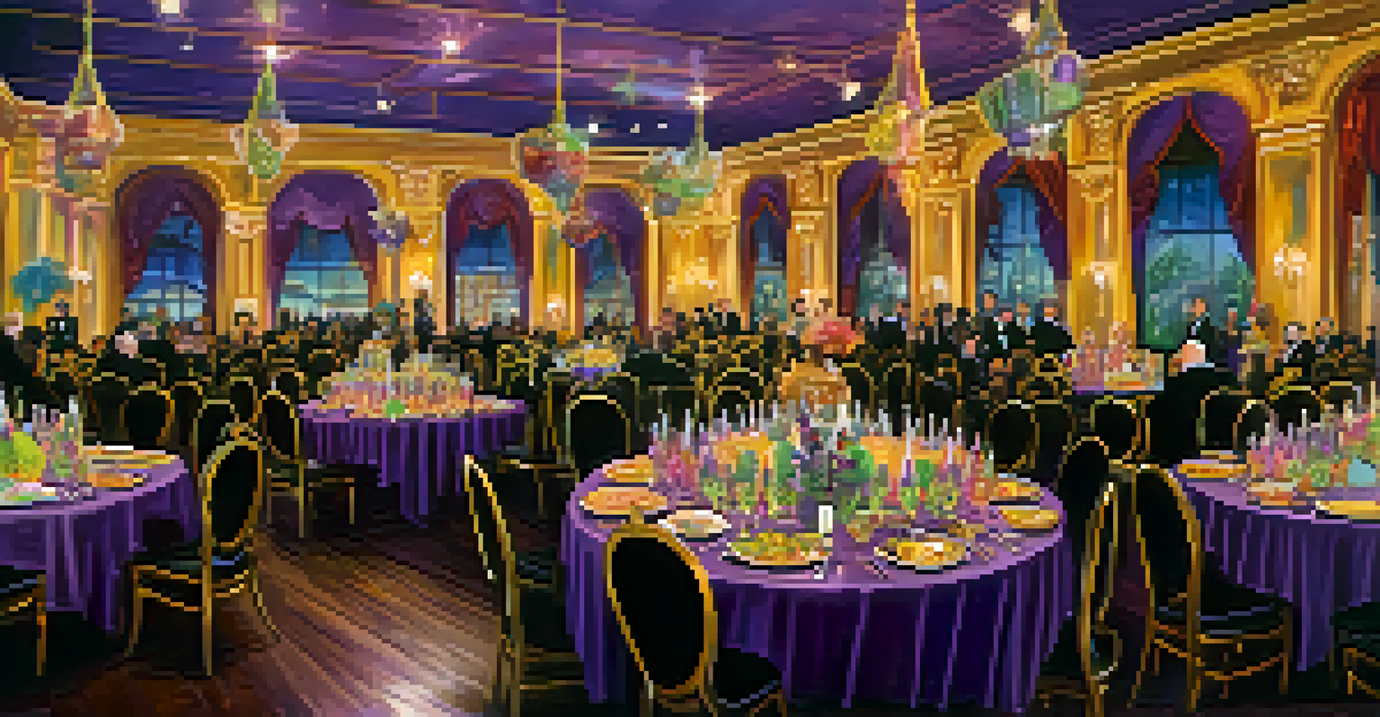An opulent Mardi Gras ball with guests in formal attire and masks, a beautifully set table with gourmet food and king cakes, inside a grand ballroom.