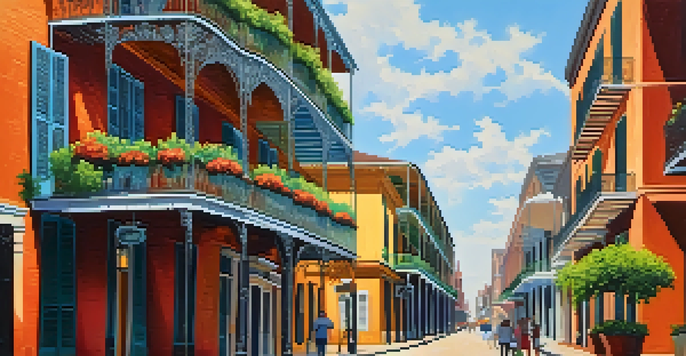 A picturesque street in the French Quarter, highlighting colorful buildings and wrought-iron balconies, with pedestrians and a blooming courtyard.