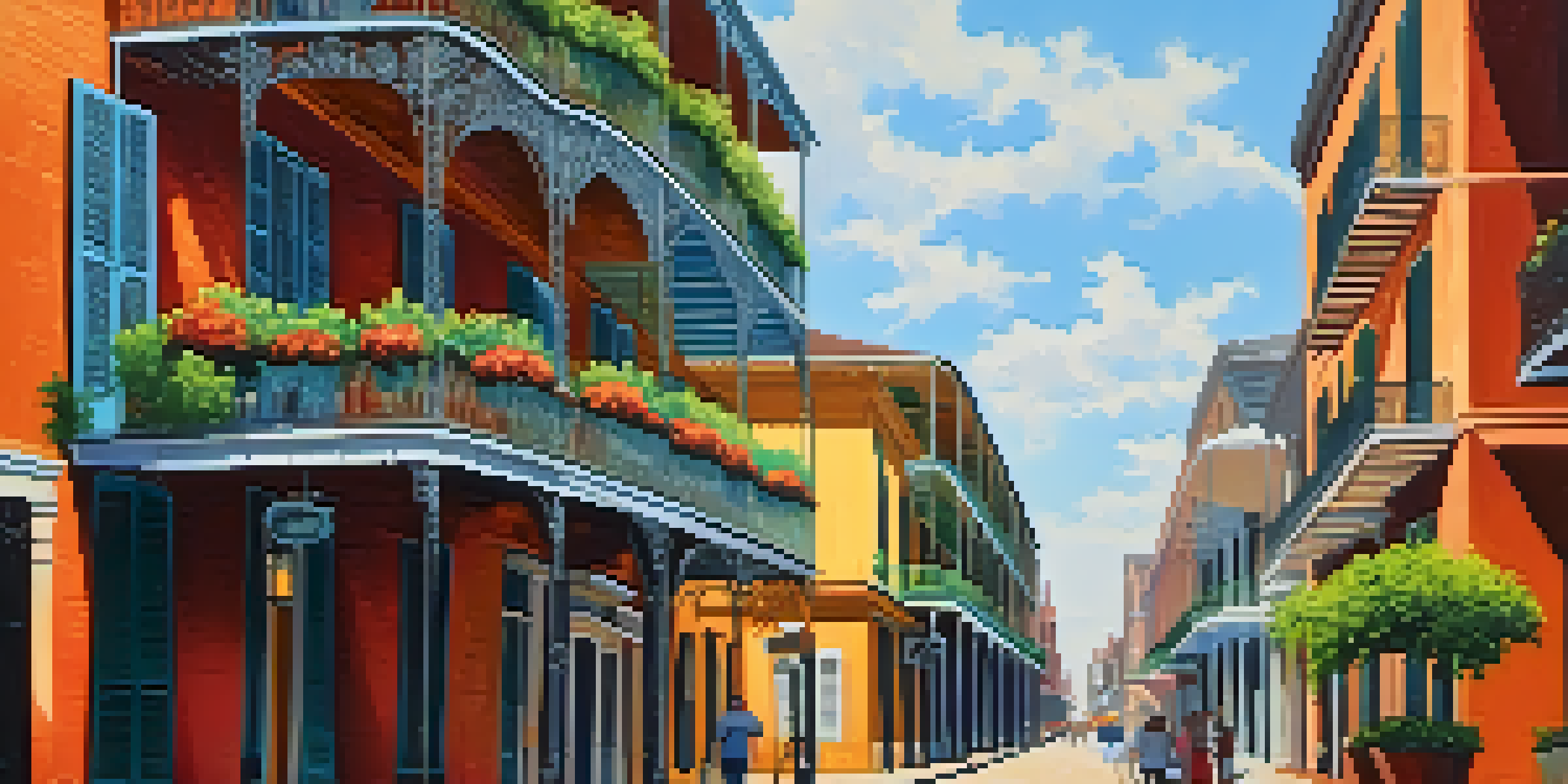 A picturesque street in the French Quarter, highlighting colorful buildings and wrought-iron balconies, with pedestrians and a blooming courtyard.