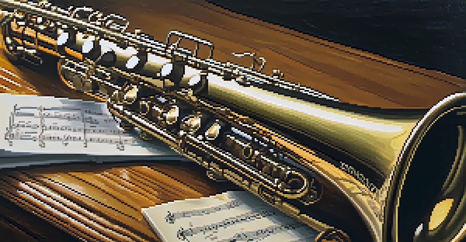 A close-up of a vintage saxophone on a wooden stage, illuminated by soft lighting, with sheet music scattered around.