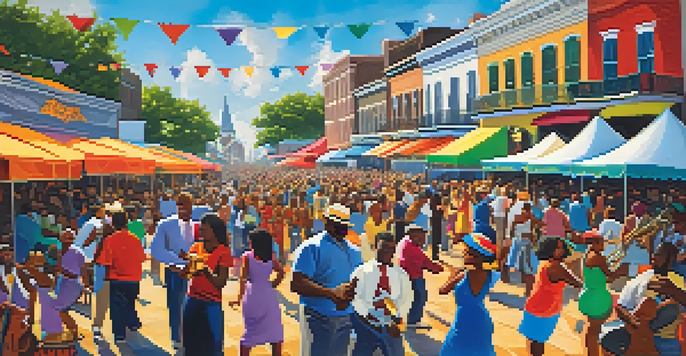 A bustling New Orleans jazz festival with a diverse crowd dancing, musicians performing, and colorful tents in the background.