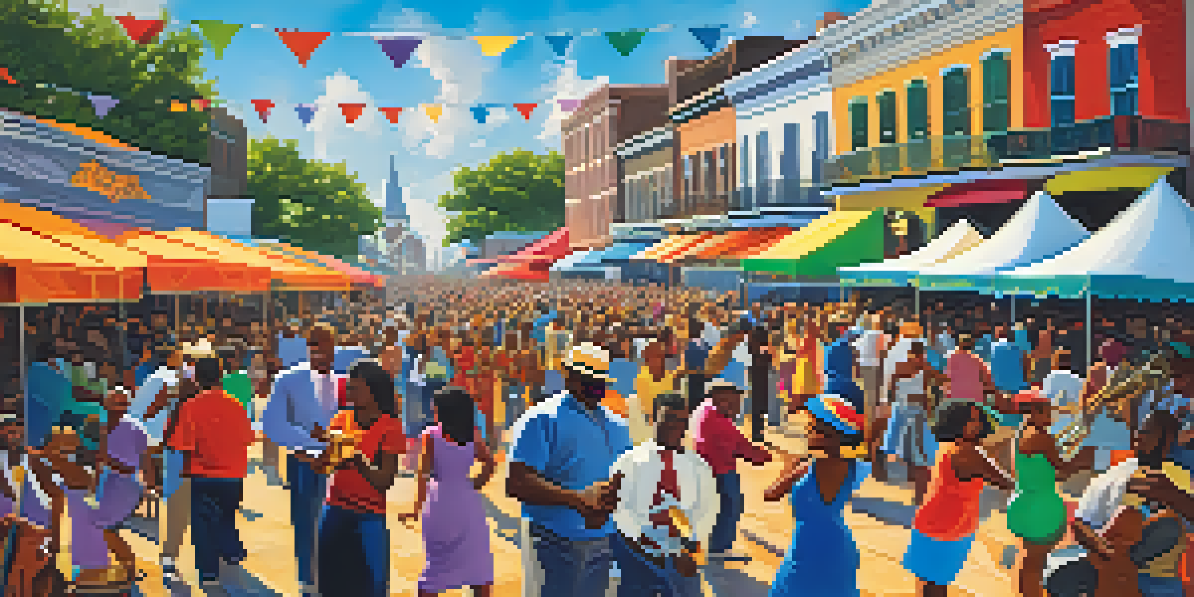 A bustling New Orleans jazz festival with a diverse crowd dancing, musicians performing, and colorful tents in the background.