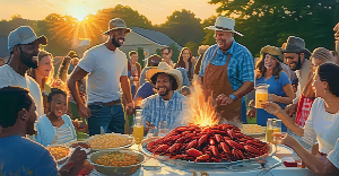 A lively gathering of people enjoying a crawfish boil outdoors, with food spread on the table and a pot on fire.