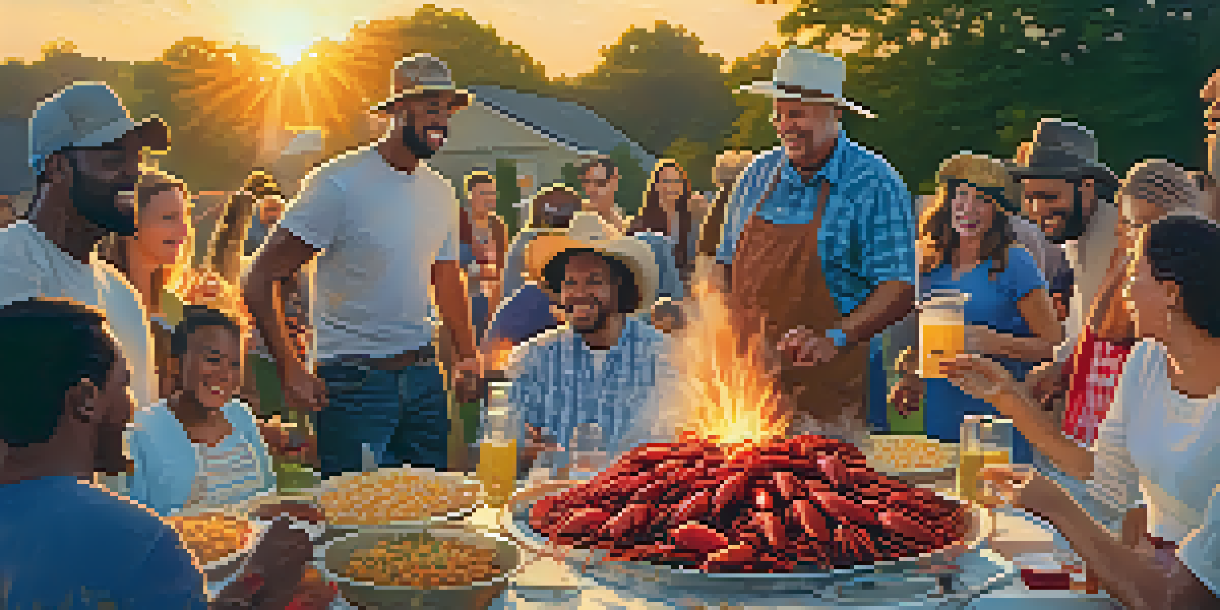 A lively gathering of people enjoying a crawfish boil outdoors, with food spread on the table and a pot on fire.