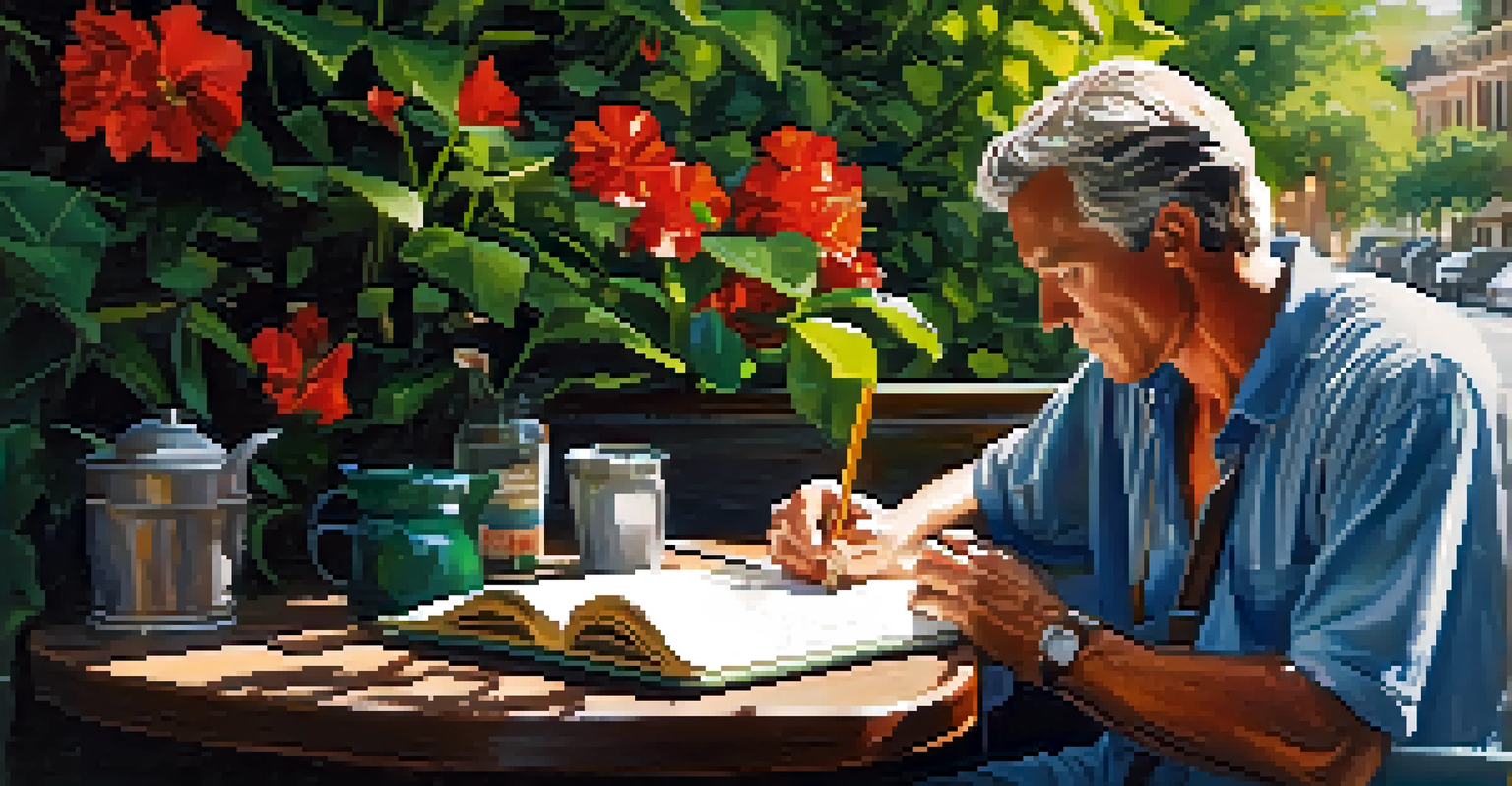 A poet writing in an outdoor café in New Orleans, with a notebook and surrounding greenery, illuminated by soft sunlight.