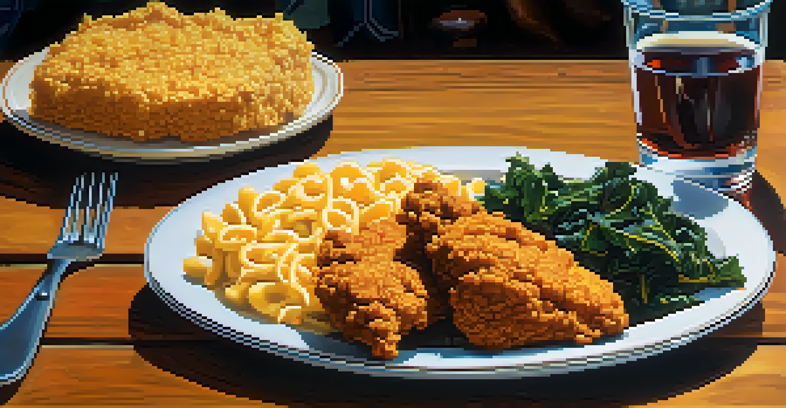 A beautifully arranged plate of soul food including fried chicken, collard greens, cornbread, and macaroni and cheese on a rustic wooden table.