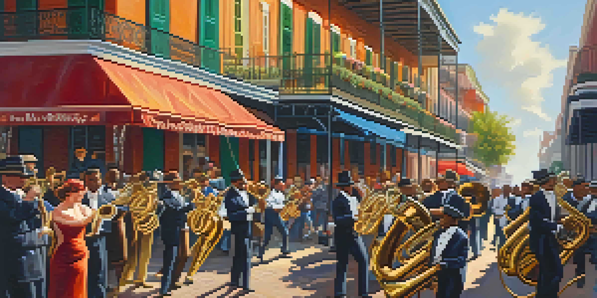 A lively street scene in New Orleans with jazz musicians and a diverse crowd celebrating a festival.
