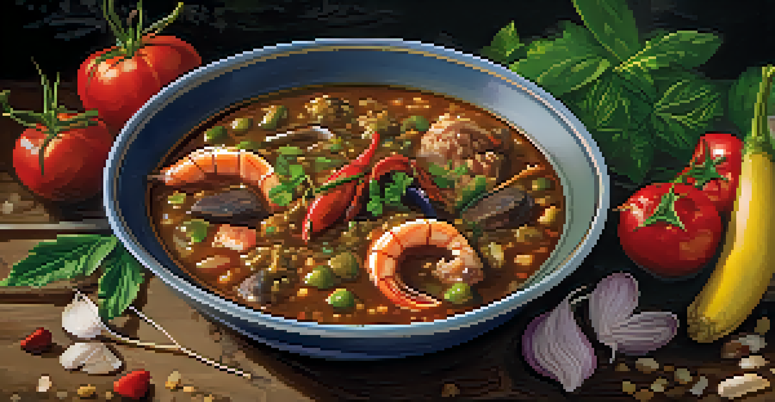 A close-up of a beautifully plated gumbo dish with vibrant colors and rich textures, garnished with fresh herbs.