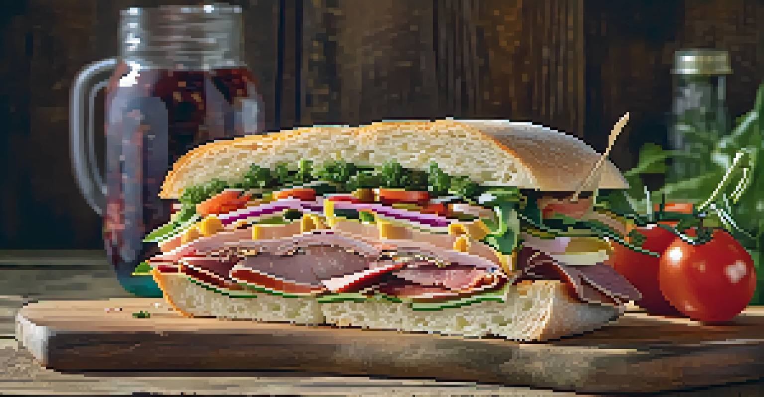 A muffuletta sandwich on a wooden table, beautifully presented with vibrant garnishes.