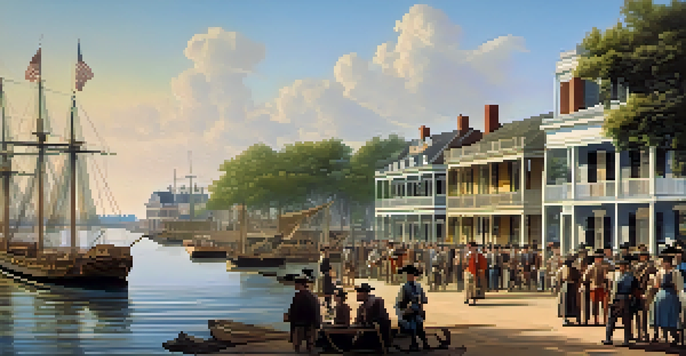 A colorful illustration depicting the founding of New Orleans with French settlers, boats on the Mississippi River, and colonial buildings under a sunny sky.