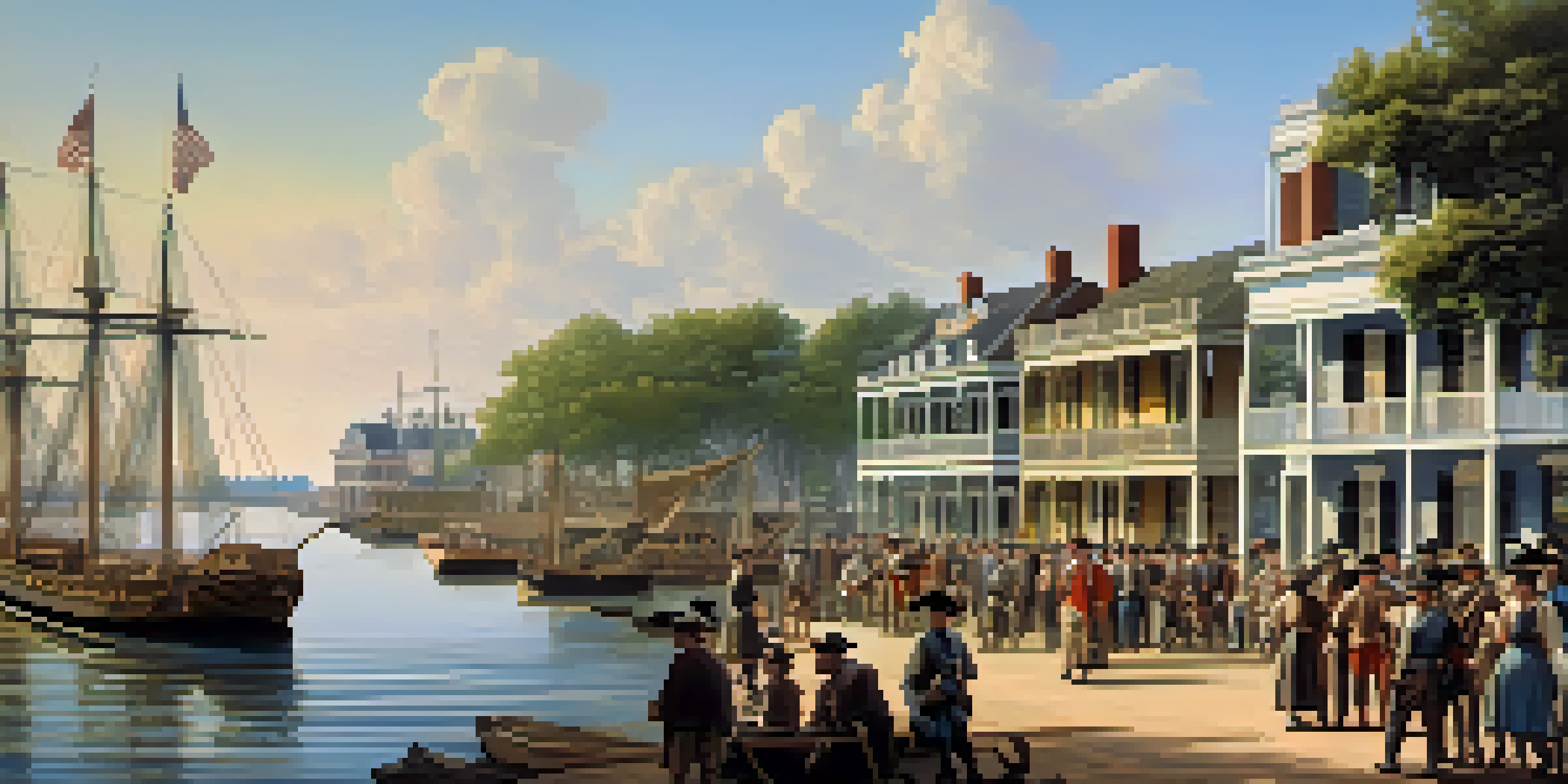 A colorful illustration depicting the founding of New Orleans with French settlers, boats on the Mississippi River, and colonial buildings under a sunny sky.
