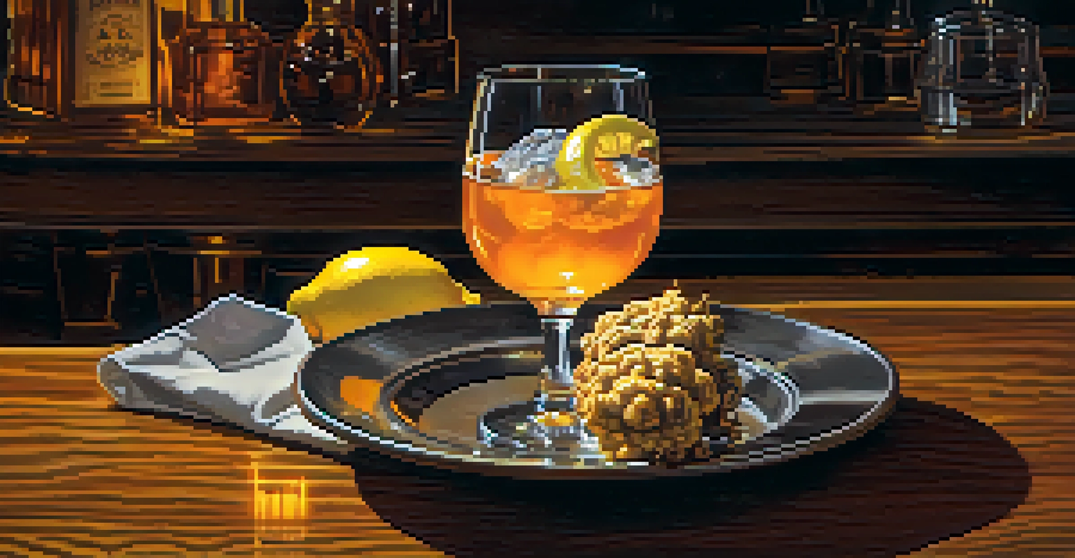 A close-up of a Sazerac cocktail with a lemon twist on a wooden bar, accompanied by a plate of fried oysters.