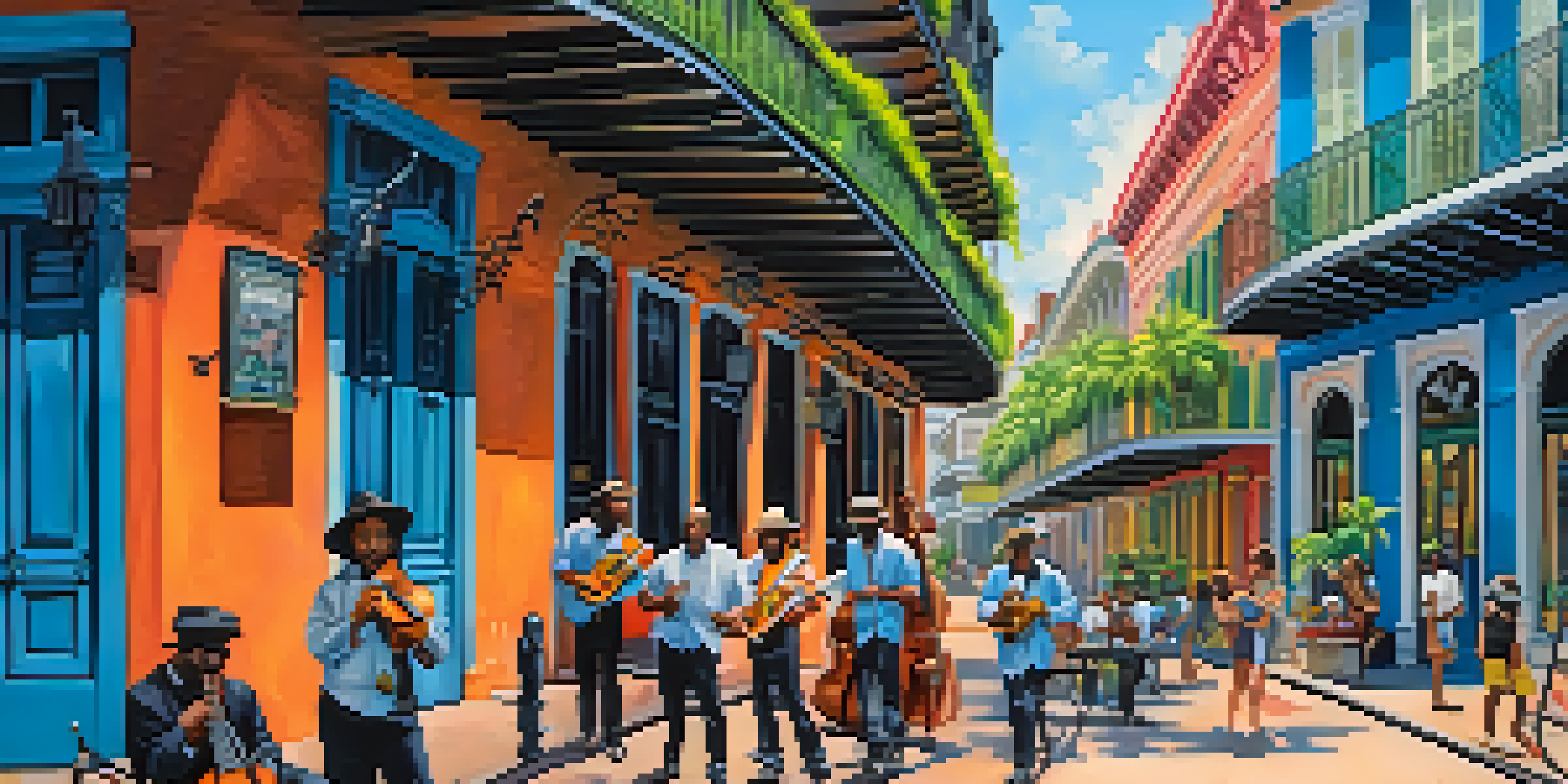 A vibrant street in the French Quarter of New Orleans, featuring colorful buildings, musicians, and greenery.