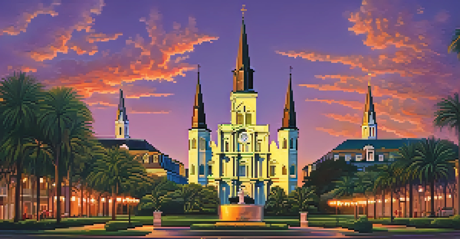 A stunning view of St. Louis Cathedral in New Orleans at sunset, surrounded by greenery and street performers.