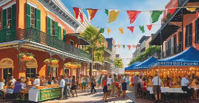 A lively street scene at the French Quarter Festival, with food stalls and musicians, capturing the vibrant culture of New Orleans.