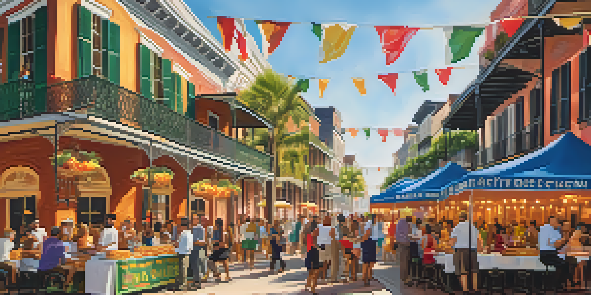 A lively street scene at the French Quarter Festival, with food stalls and musicians, capturing the vibrant culture of New Orleans.