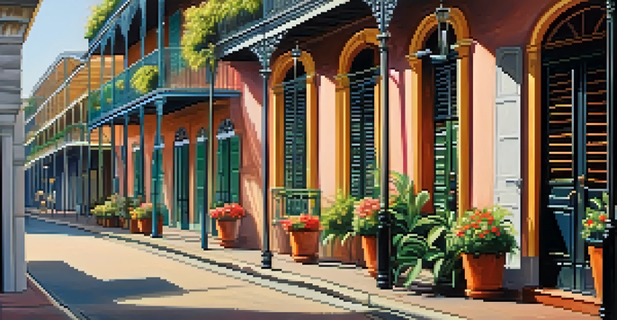 A picturesque street in the French Quarter of New Orleans featuring historic French colonial buildings with wrought-iron balconies and colorful flowers.