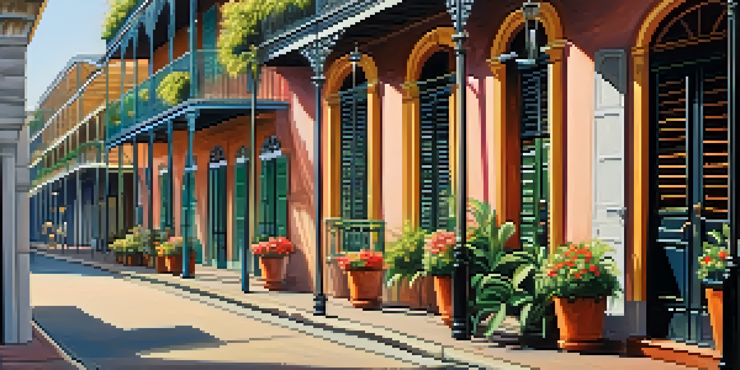 A picturesque street in the French Quarter of New Orleans featuring historic French colonial buildings with wrought-iron balconies and colorful flowers.
