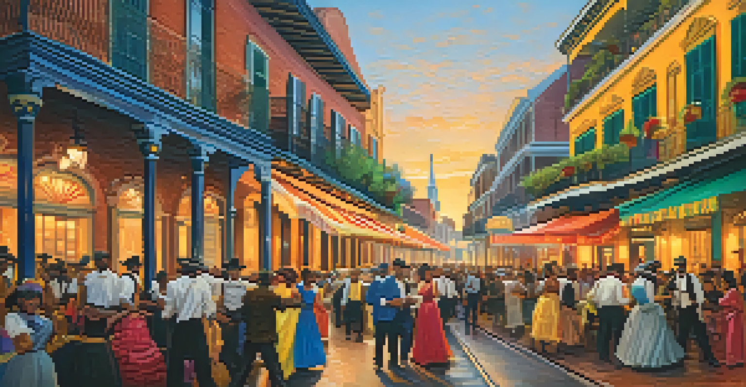 A lively 19th-century street festival in New Orleans, showcasing cultural fusion with music, dancing, and festive decorations.