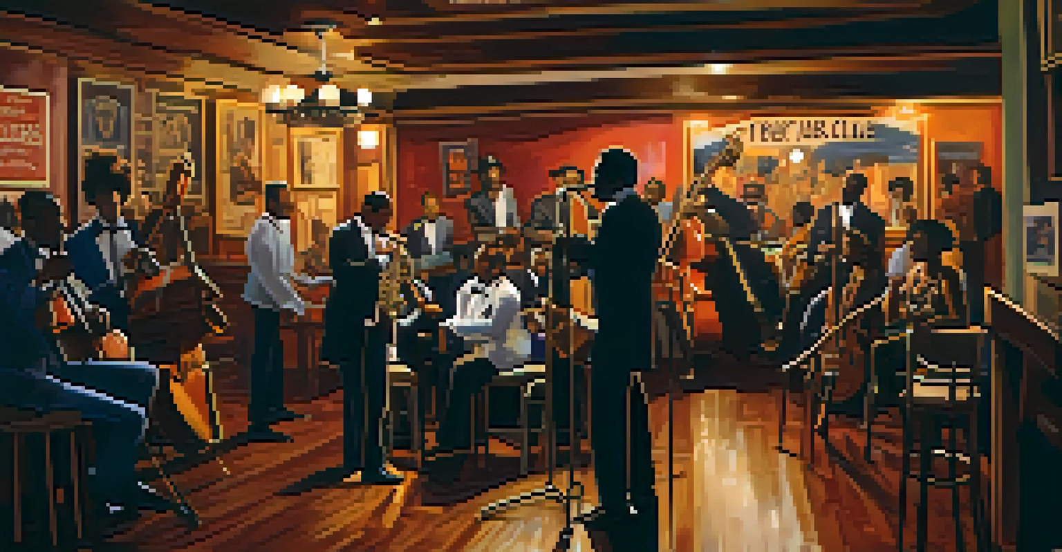 A cozy jazz club in New Orleans with a band performing on stage and patrons enjoying the music.