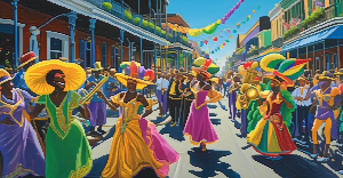 A lively street scene in New Orleans during Mardi Gras with colorful floats, masked people in vibrant costumes, and musicians playing brass instruments.