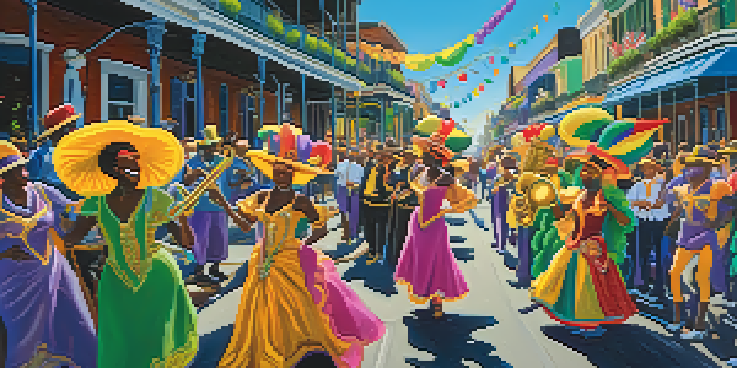 A lively street scene in New Orleans during Mardi Gras with colorful floats, masked people in vibrant costumes, and musicians playing brass instruments.