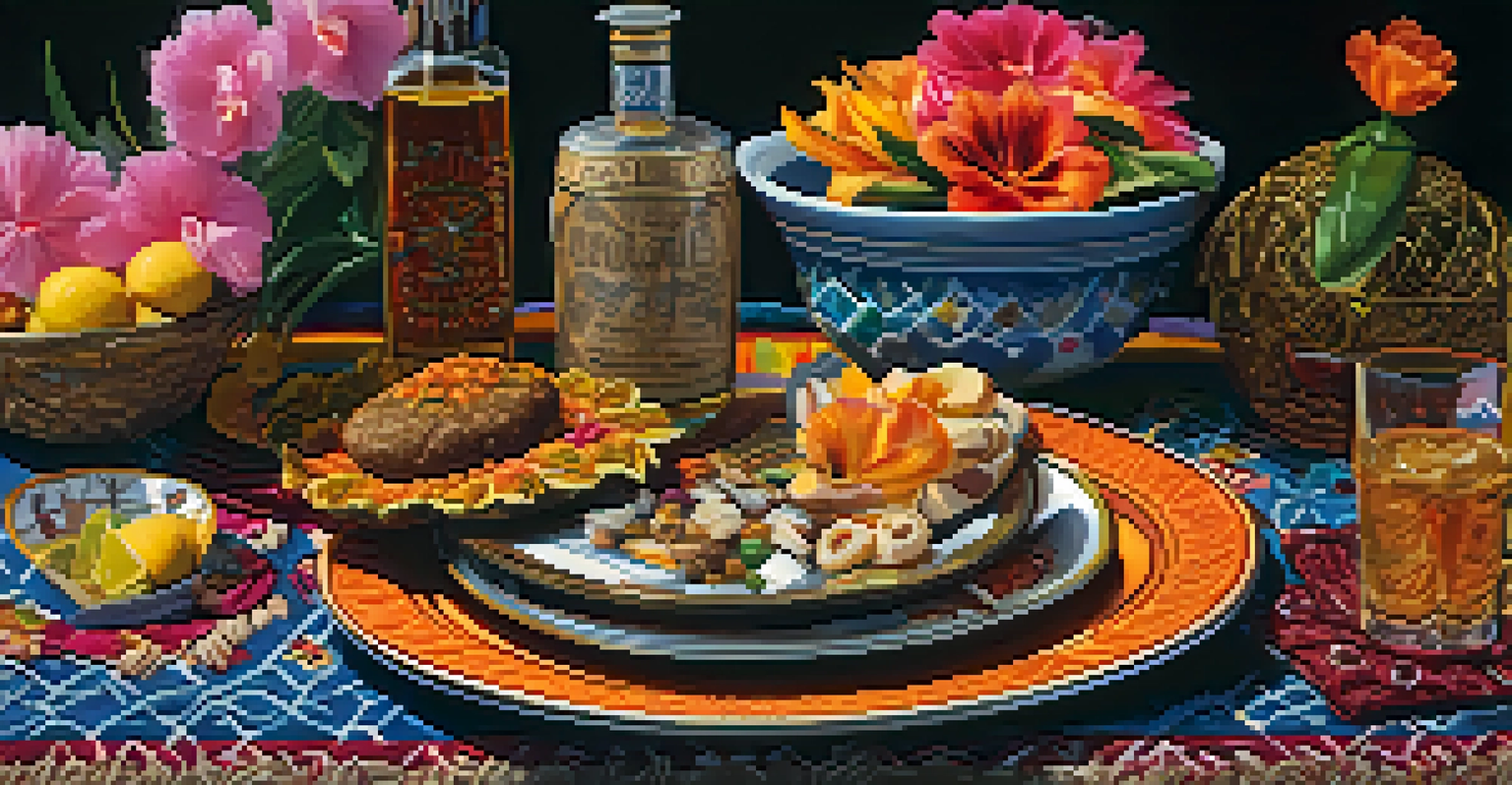 A close-up image of a Voodoo offering with food, a glass of rum, and flowers on textured fabric, illuminated with soft warm light.
