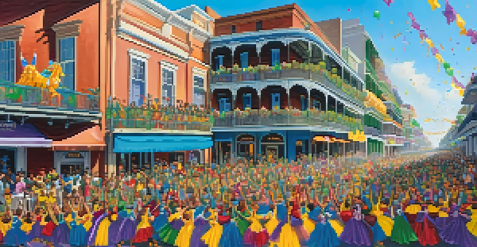 A lively Mardi Gras parade with colorful floats and costumed participants, surrounded by enthusiastic spectators on a sunny day.