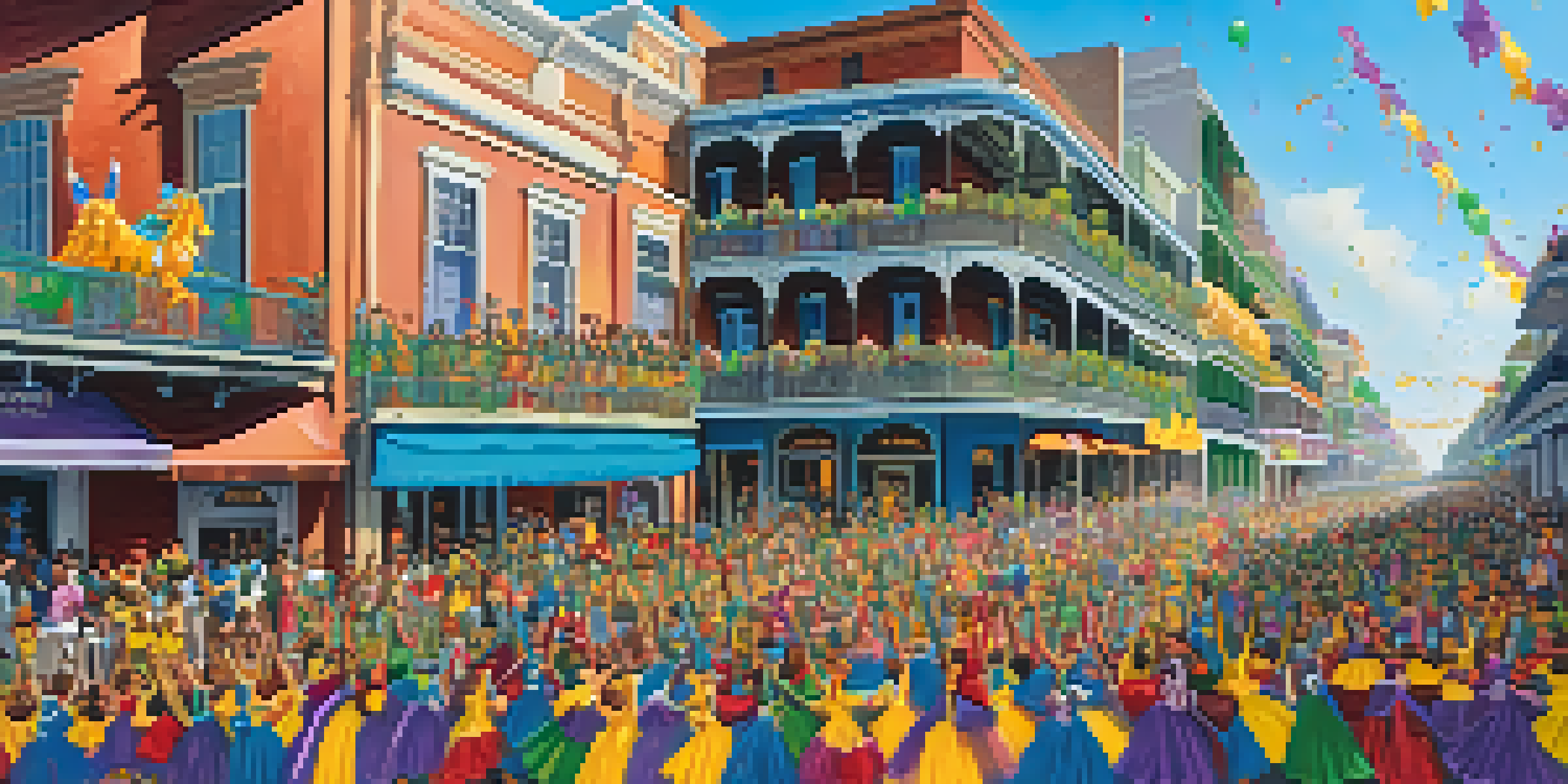 A lively Mardi Gras parade with colorful floats and costumed participants, surrounded by enthusiastic spectators on a sunny day.