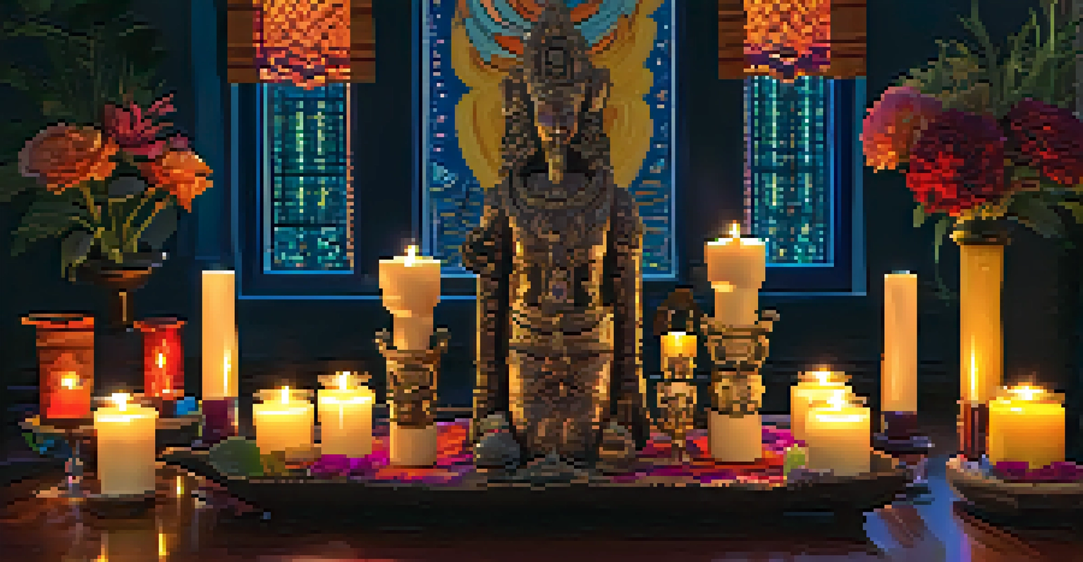 A tranquil Voodoo altar in a dimly lit room, adorned with candles, flowers, and spiritual symbols, illuminated by soft light.