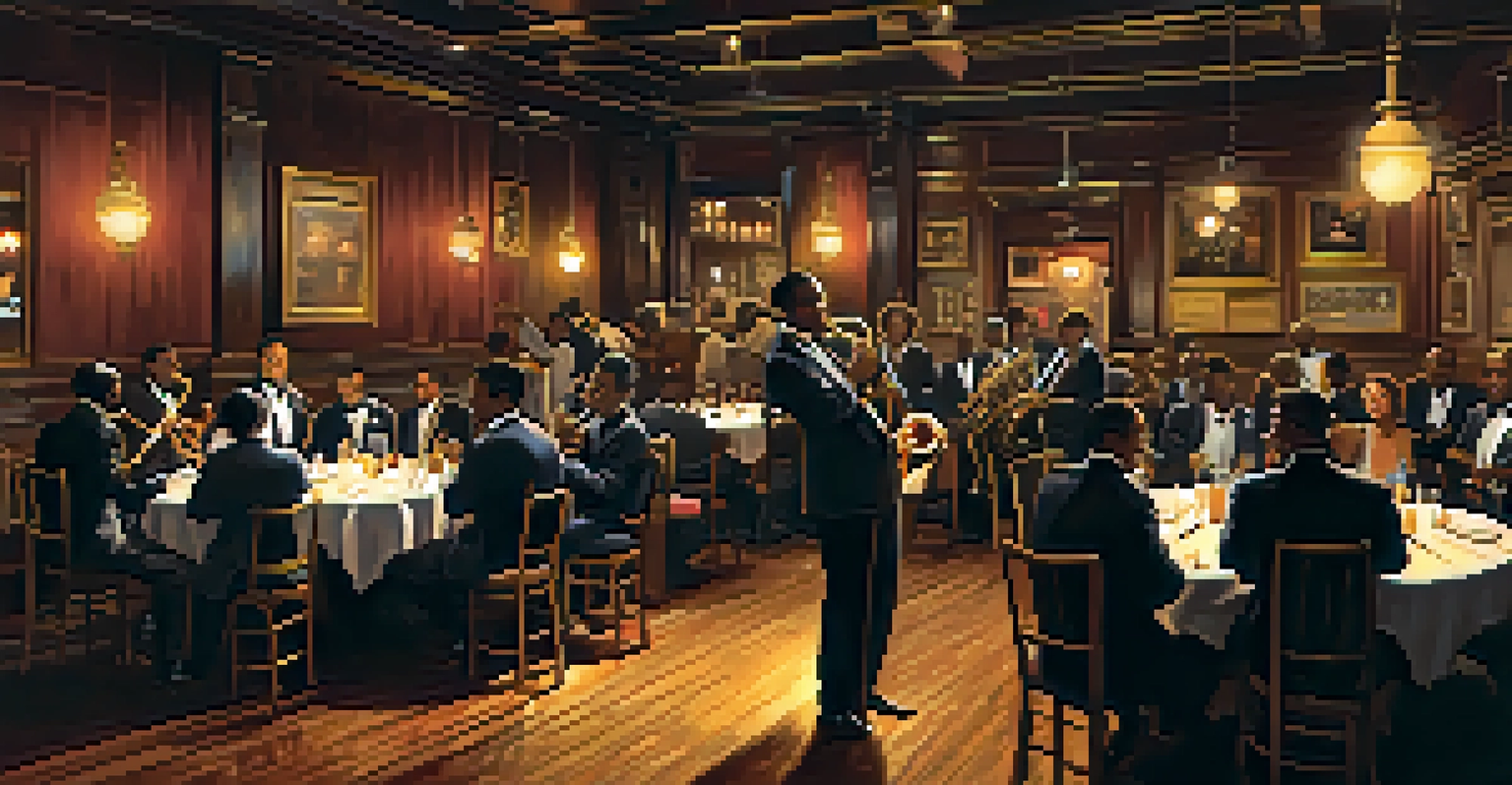 An early 20th-century jazz club in New Orleans with a band performing on stage and patrons enjoying the ambiance.
