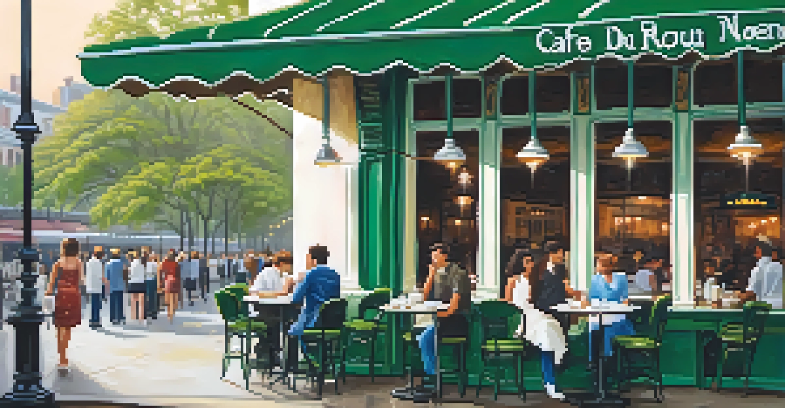 A café scene at Café du Monde with a plate of powdered sugar-covered beignets and a cup of coffee, showcasing the vibrant atmosphere of New Orleans.