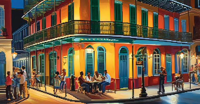 A lively night scene in the French Quarter with street musicians, colorful buildings, and people enjoying drinks outdoors.