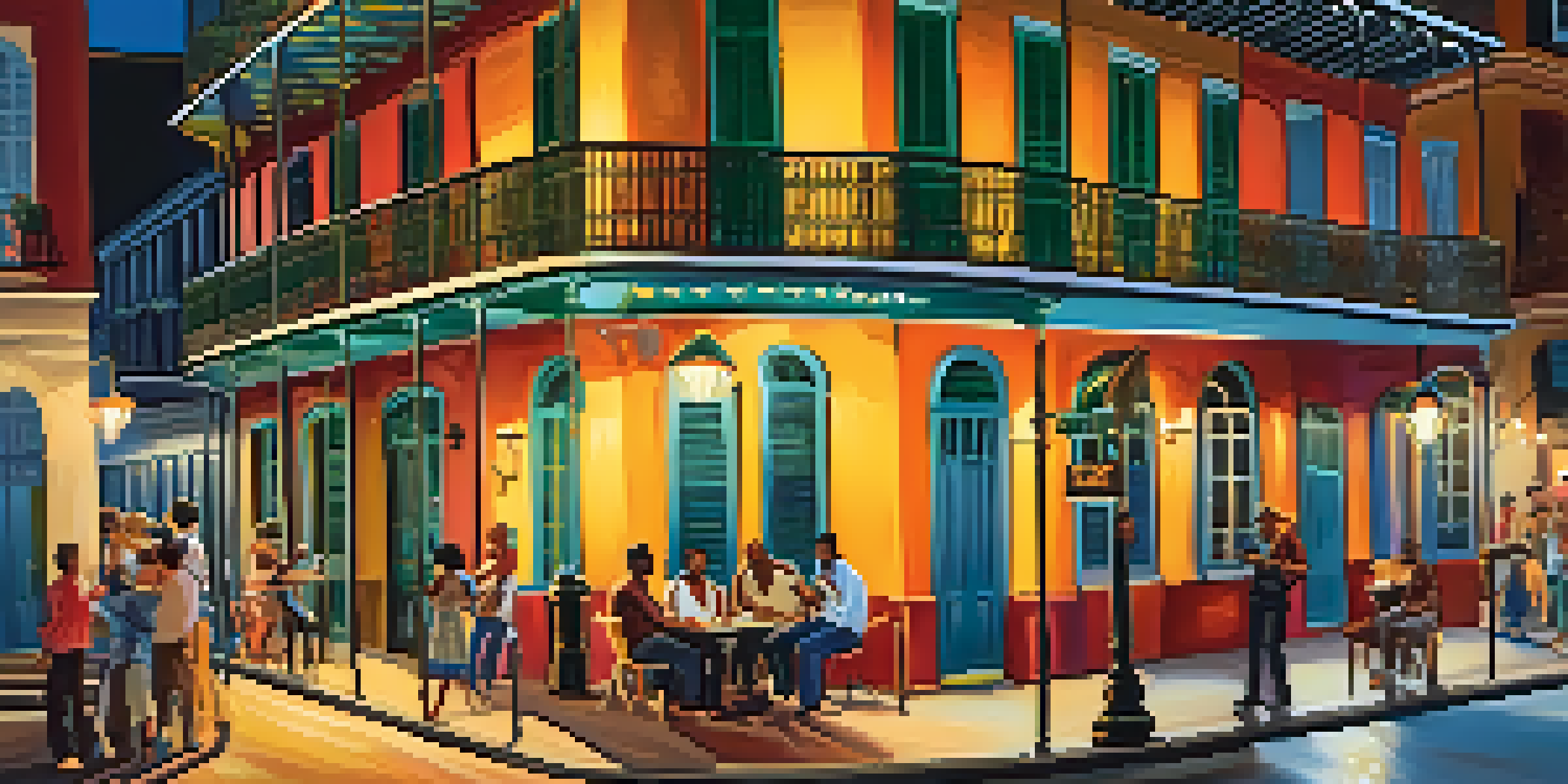 A lively night scene in the French Quarter with street musicians, colorful buildings, and people enjoying drinks outdoors.
