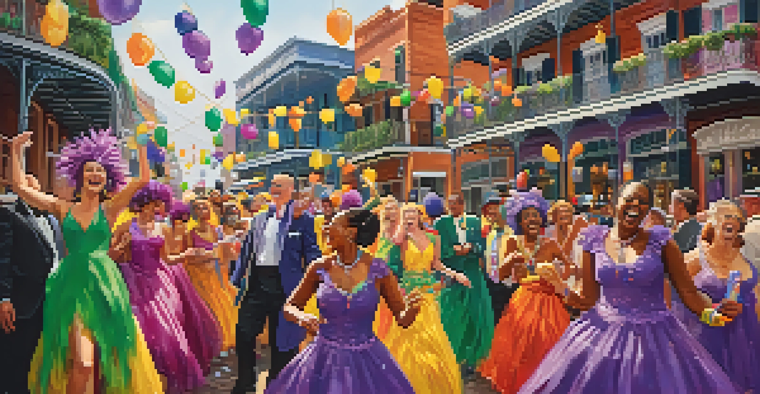 A joyful group of individuals in traditional Mardi Gras costumes dancing on a street corner, surrounded by vibrant decorations and confetti.
