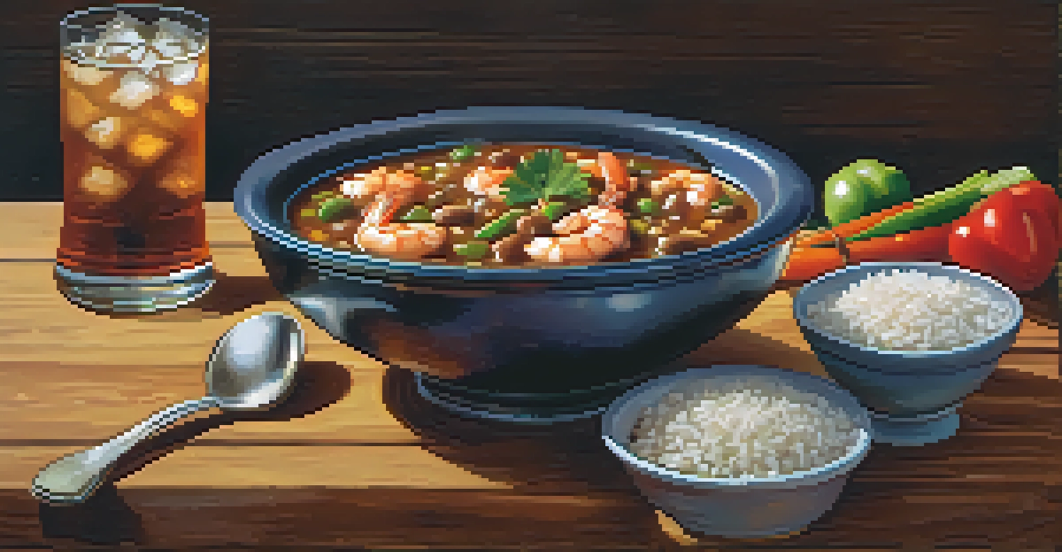 A close-up view of a bowl of Creole gumbo with shrimp, sausage, and green onions on a rustic wooden table.