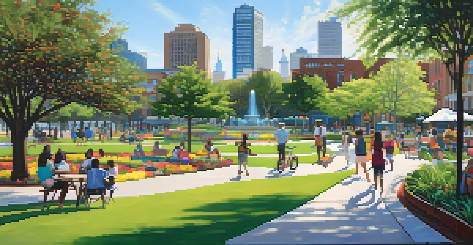 A lively community park in New Orleans with diverse people, colorful pathways, and modern buildings in the background.