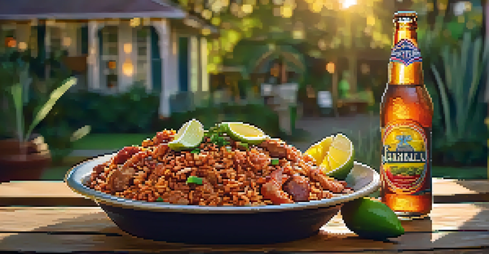 A table showcasing a colorful plate of jambalaya next to a cold beer, with greenery and soft lighting in the background.