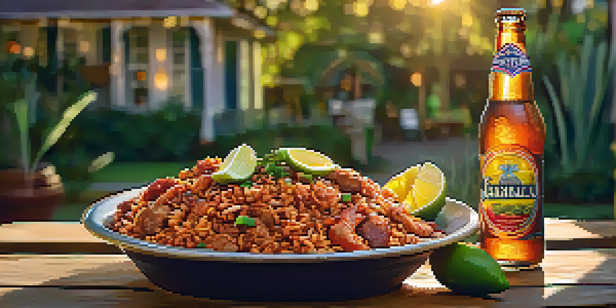 A table showcasing a colorful plate of jambalaya next to a cold beer, with greenery and soft lighting in the background.
